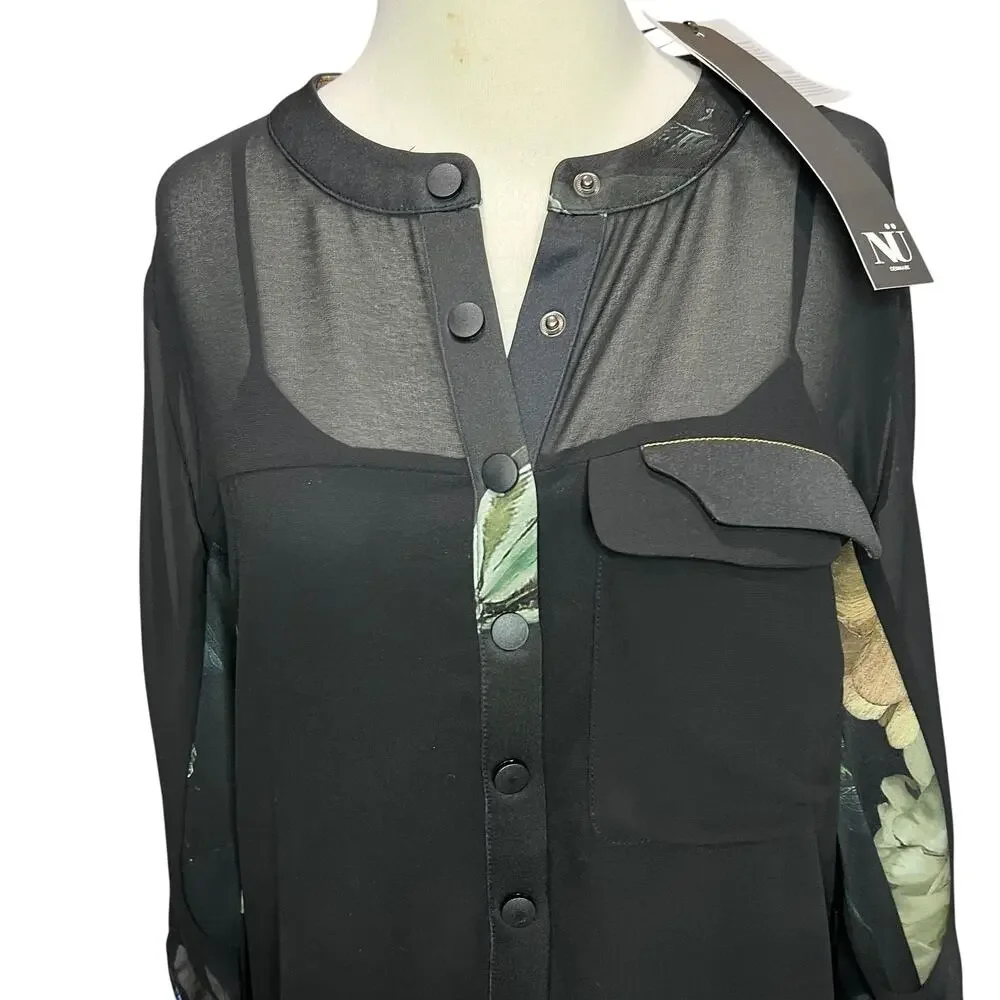 NU Denmark Dress Womens XS Black Blue Floral Sheer Button Romantic Goth Boho NEW